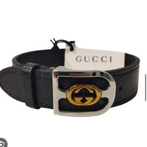 Gucci Black Leather Bracelet with Gold Accent